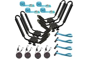 MRHARDWARE 2 Pairs Heavy Duty Kayak Rack-Includes 4 Pcs Ratchet Tie-Mount on Car Roof Top Crossbar-Easy to Carry Kayak Canoe Boat Surf Ski (J-Bar Rack)