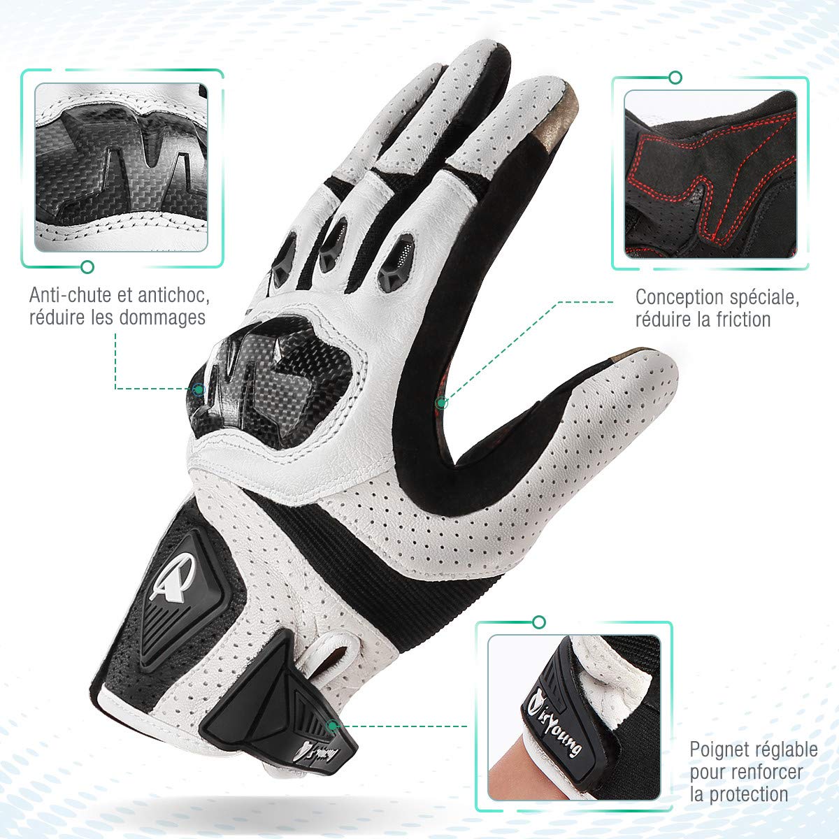 isYoung Gants Cyclisme Doigt Complet Gants Vélo de Bonne Elasticité et Forte Adsorption, Idéal pour Equitation, Randonnée, Escalade, Camping pour Motocross Course VTT (Blanc, L)