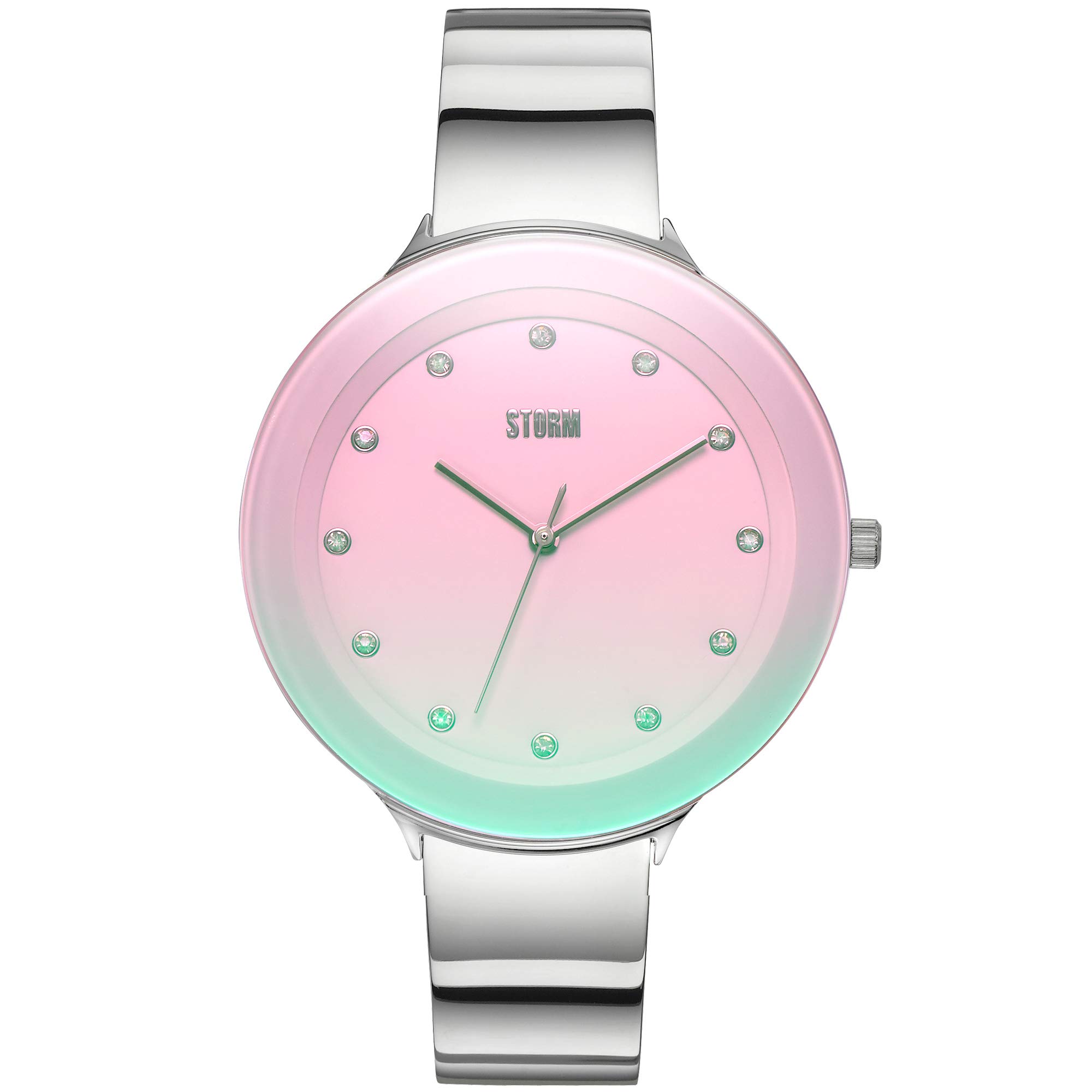 STORM OSTELE Lazer Pink - Showcasing an Expansive Oversized Dial, Glistening Crystal Markers, and a Sleek, Highly Polished Strap, Effortlessly Blending Subtlety with Understated Elegance.
