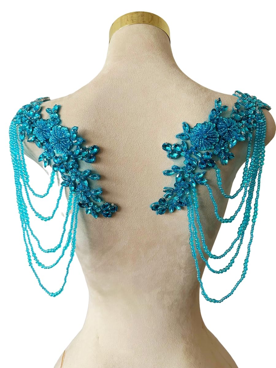 Photo 1 of 1 Pair Beaded Rhinestones Applique Embellishment for Clothes Epaulettes Shoulder Patches Sew-on Diamond Sequin Tassels Applique for Wedding Dress DIY Accessories 9.8X10.2inches (Sky Blue)