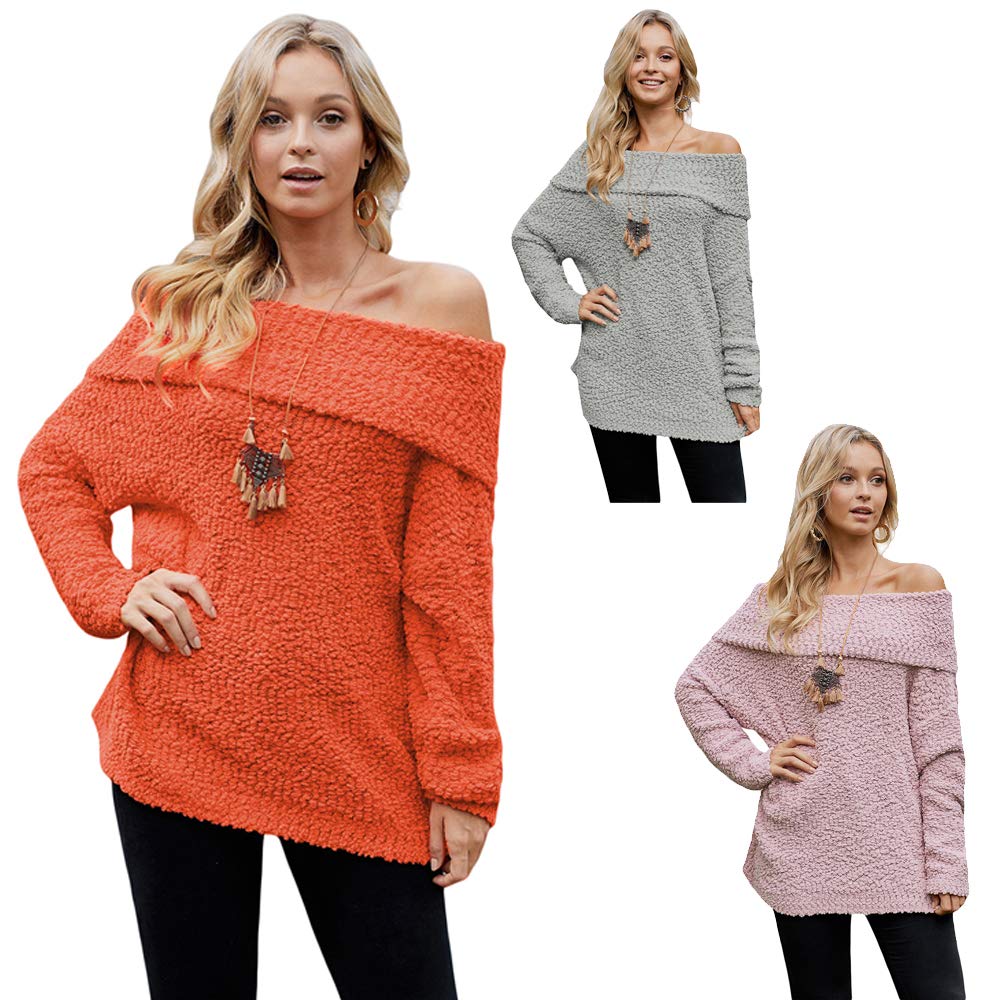 Women\'s Off Shoulder Sweater Bat Long Sleeve Solid Color Loose Oversized Pullover Knit Jumper Top Pink