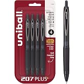 uniball&trade; 207 Plus+ Gel Pens, Black Ink, 0.5mm Micro Point, 4 Count | Retractable, Faster-Drying, Smooth Writing, Smear-Resistant, uni Super Ink&trade; Plus+