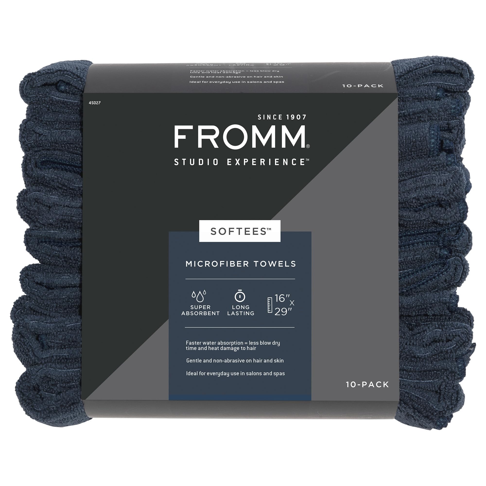 Fromm Softees Microfiber Salon Hair Towels for Hairstylists, Barbers, Spa, Gym in Navy, 16" by 29", 10 count Perfect Hair Care Towel for Drying Curly, Long, Wavy Hair