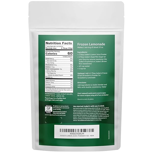 JUDEE’S LEMON JUICE POWDER – 4 OZ – DELICIOUS AND 100% GLUTEN-FREE – GREAT FOR SMOOTHIES, SHAKES, MIXED DRINKS, FRUIT TARTS, AND GLAZES – FRESH LEMON FLAVOR