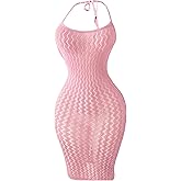 OYOANGLE Women's Fishnet Halter Bodycon Lingerie Dress Sexy Hollow Out See Through Sleeveless Chemise Beach Cover Up Dress