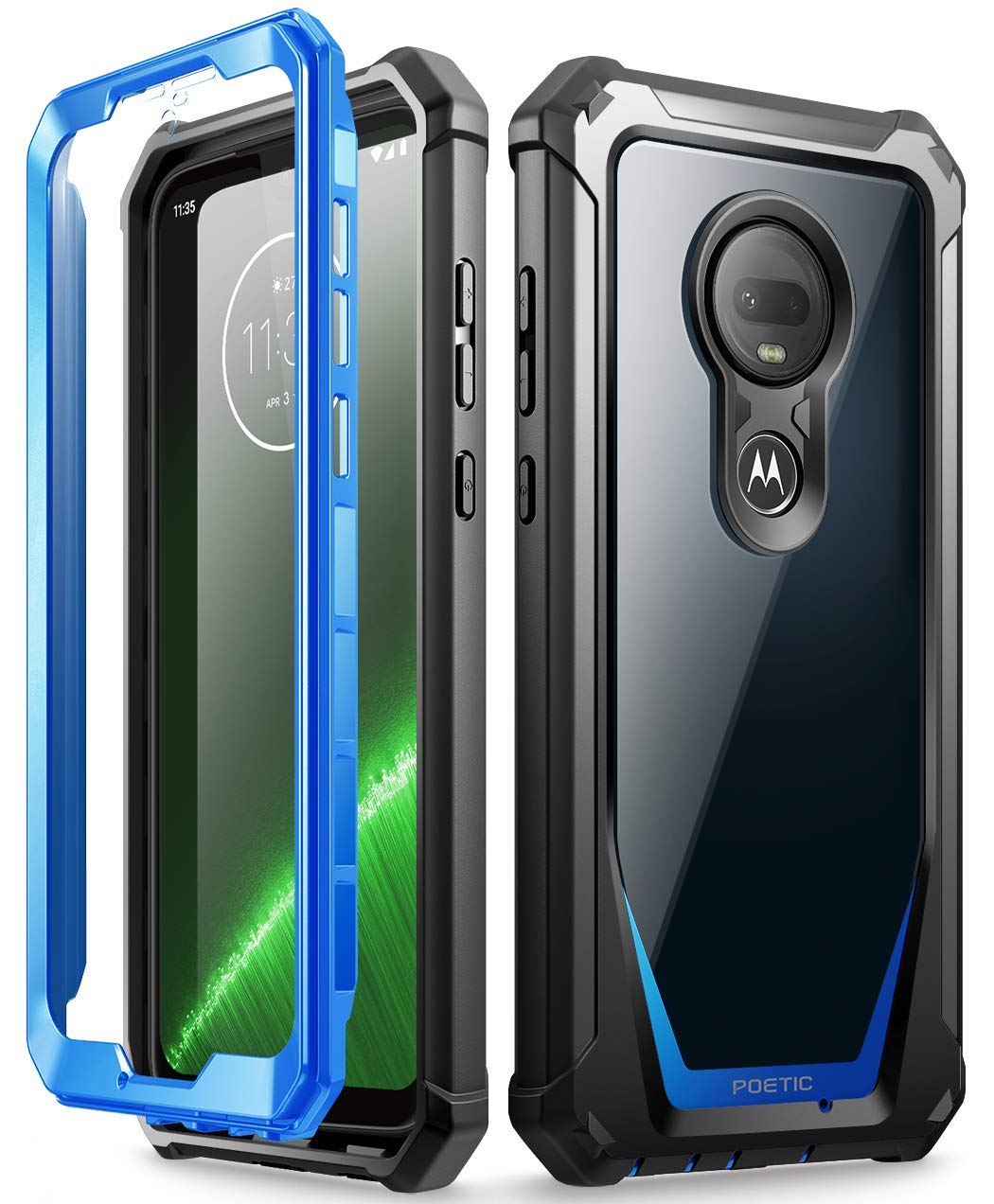 Poetic Moto G7 Rugged Clear Case, Full-Body Hybrid Shockproof Bumper Cover, Built-in-Screen Protector, Guardian Series, DO NOT FIT Moto G7 Power Or Moto G7 Play, Blue/Clear