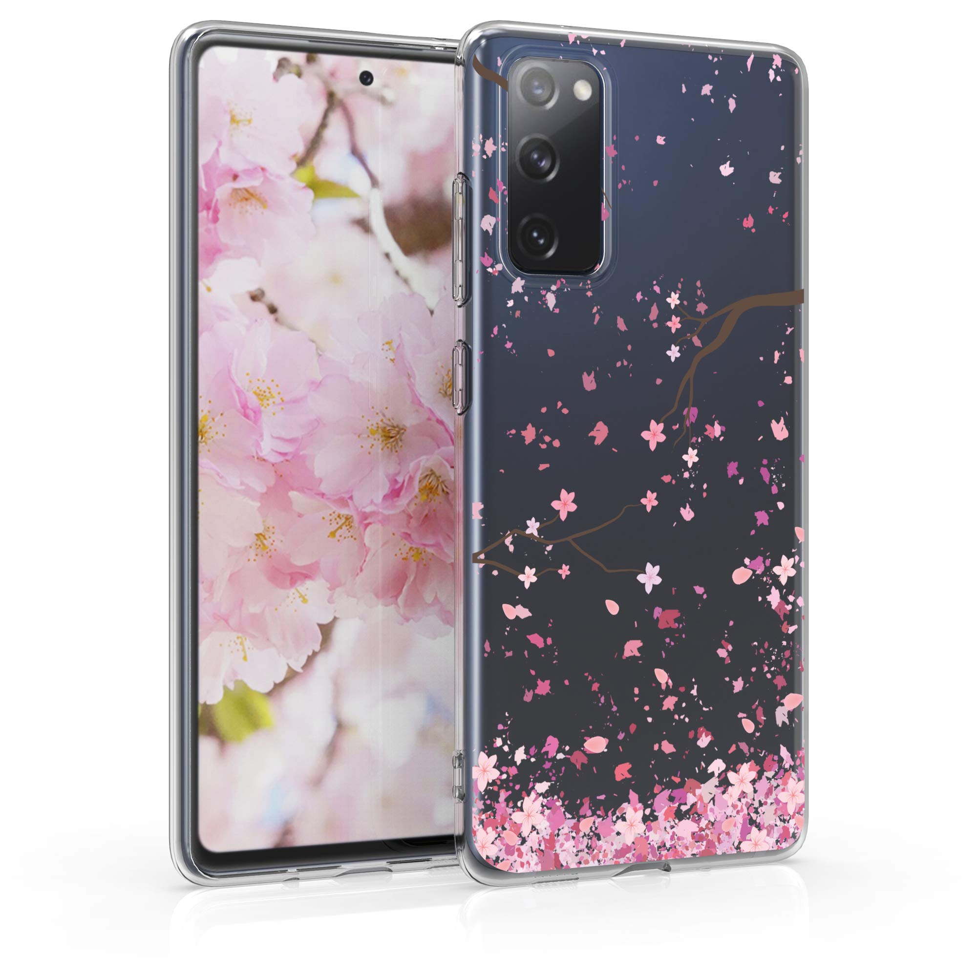 kwmobile Clear Case Compatible with Samsung Galaxy S20 FE - Phone Case Soft TPU Cover - Cherry Blossoms Pink/Dark Brown/Transparent