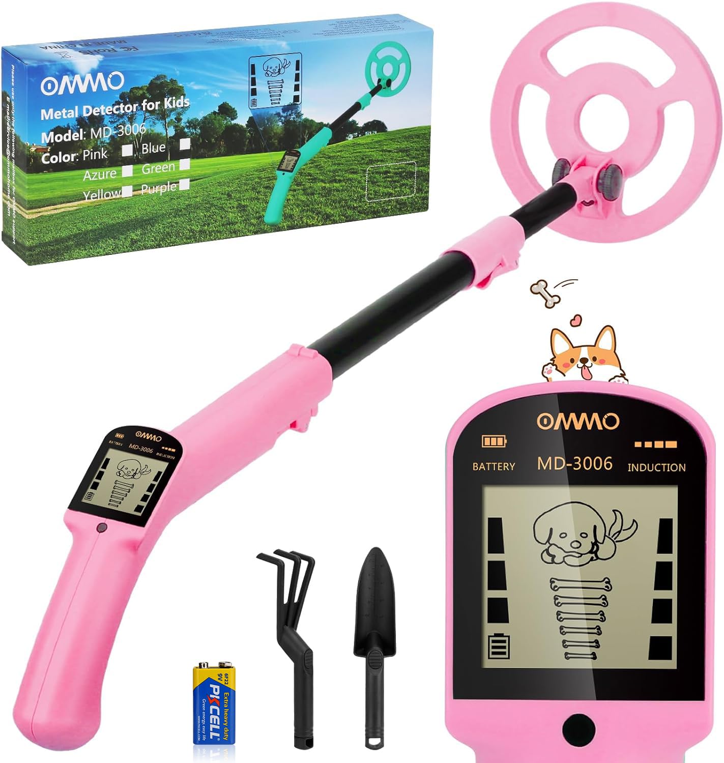 OMMO Metal Detector Kids, Adjustable Stem18.3''-37.8'' Gold Detector with LCD Display, Lightweight Kids Metal Detector with 6'' Waterproof Coil, Metal Detectors for Beginners, Shovel, Rake, Pink