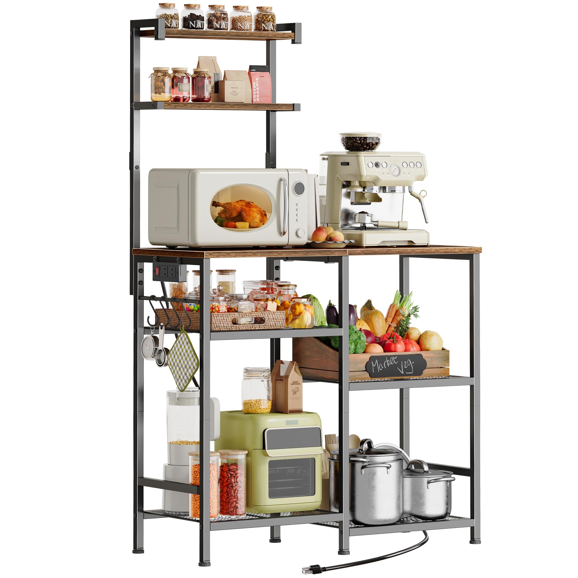 Huuger 31.5 Inch Bakers Rack with Power Outlets, Kitchen Microwave Stand with Storage, Coffee Bar with 4 Hooks, 3-Level Height Open Shelves, Rustic Brown