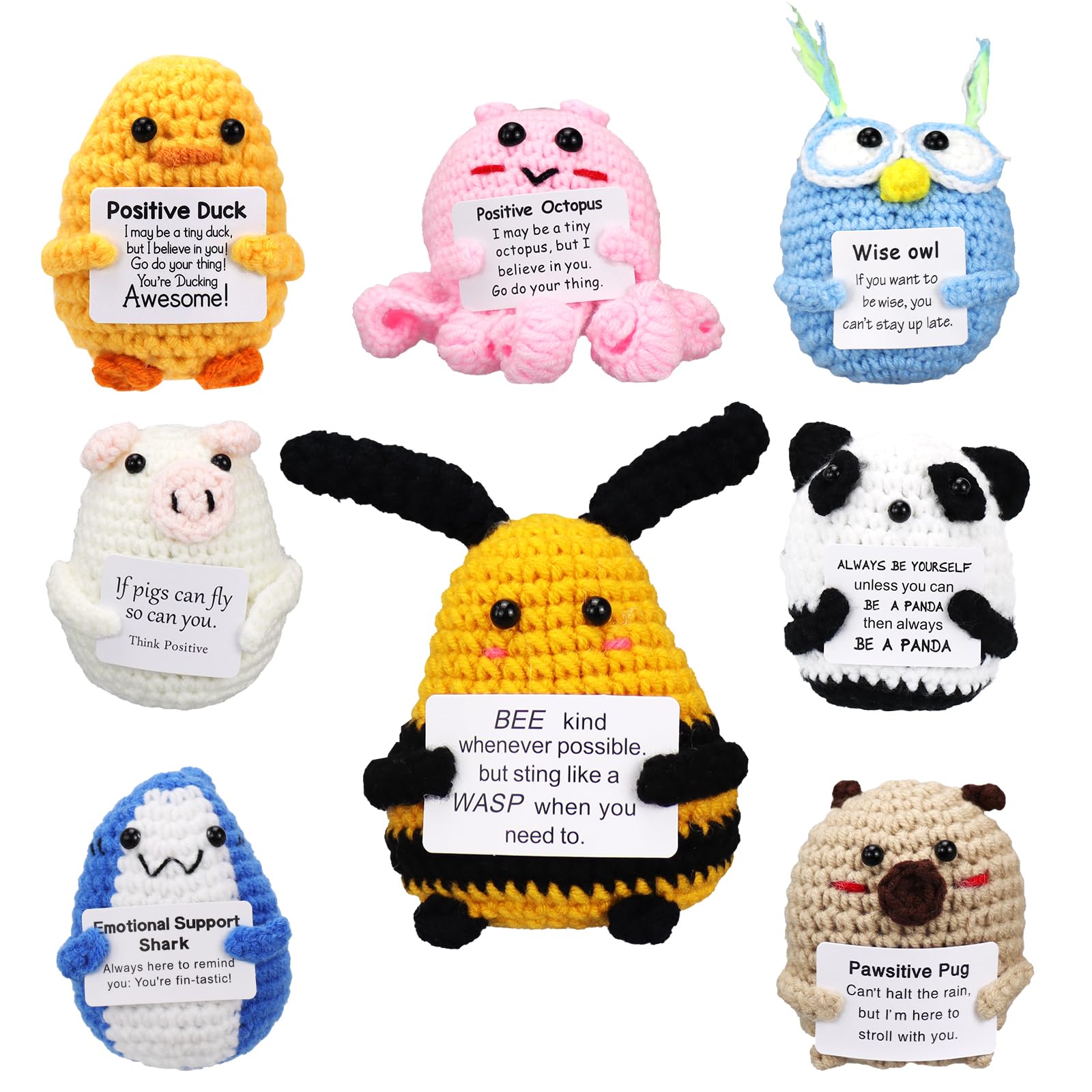 Malloom 8 Pcs Mini Positive Crochet Animals, Graduation Gifts for Her,Emotional Uplifting Support Positive Pig Shark Pug Panda Owl Duck Octopus with Card,Positive Gifts for Mom Graduation