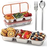 Wynaura 2 Pack Stainless Steel Snack Containers with Fork & Spoon, 3 Compartment Metal Bento Lunch Box with Leakproof Lids, Reusable Snack Bento Prep Containers for Daycare, School, Office, Travel