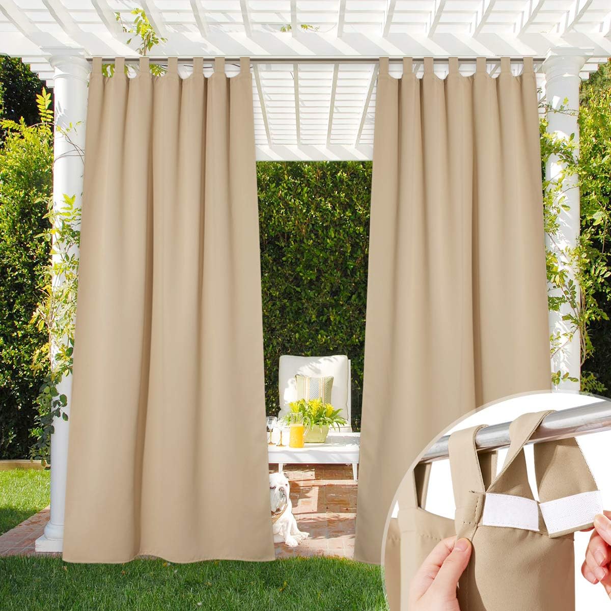 Outdoor Curtains - NICETOWN Outdoor Patio Curtain Waterproof Room Darkening Drape, Detachable Sticky Tab Top Thermal Insulated Privacy Protect Outdoor Divider for Porch/Doorway, Biscotti Beige, W52 x L84, 1 Panel