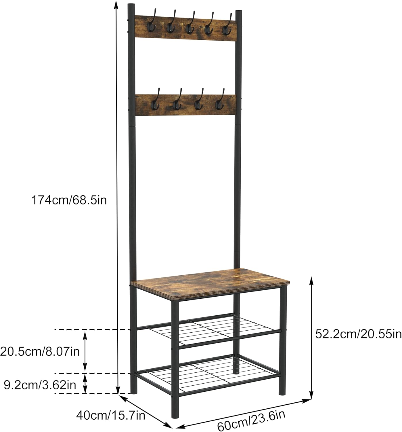 Gadroad Coat Rack, Shoe Bench, 3-in-1 Entryway Hall Tree with Storage Shelf and 9 Hooks, Accent Furniture with Metal Frame, Rustic Brown and Black: Home Improvement
