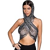 UniqKaliber Rhinestone Mesh Tops for Women, Sexy Hood Shirt Hollow Out Tops Party Clubwear Bikini Crop Top