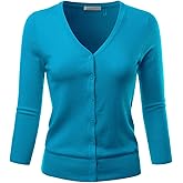 EIMIN Women's 3/4 Sleeve V-Neck Button Down Stretch Knit Cardigan Sweater (S-3X)