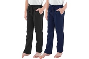Cooraby Boys Cotton Adjustable Waist Pants Loose-Fit Pants with Pockets Casual Drawstring Sweatpants