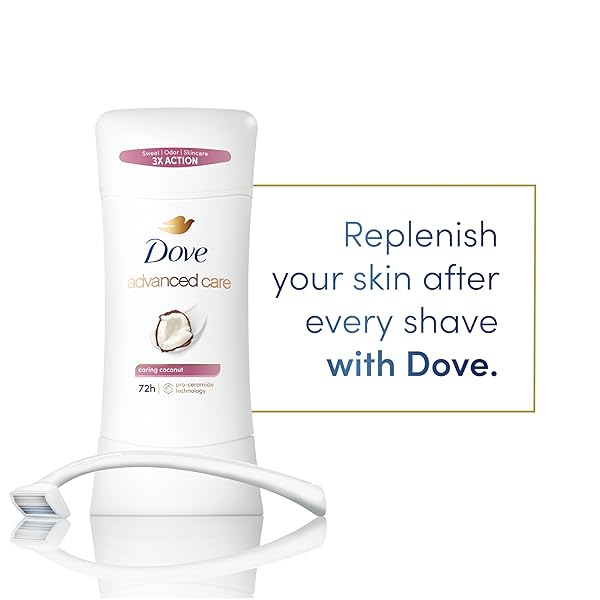 DOVE ADVANCED CARE ANTIPERSPIRANT DEODORANT STICK CARING COCONUT FOR HELPING REPAIR SKIN BARRIER AFTER SHAVING, WITH 72-HOUR SWEAT & ODOR PROTECTION, 2.6 OZ