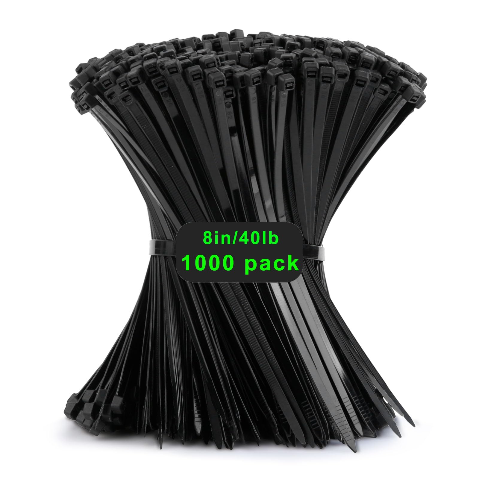 1000 pcs Cable Ties Black, 8 inch Zip Ties Nylon, 200 x 3.6 mm Industrial Tie Wraps UV-Resistant Self - Locking Zip Ties with Tensile Strength 40 lbs for Gardening, Workshop, Office and Outdoor — image 1