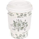 Elyxio 50Pcs Sage Green Floral Disposable Coffee Cups with Lids and Sleeves Green White Chinoiserie Flower 12oz Hot Cold Paper Drinking Cup for Birthday Wedding Baby Shower Party Supplies