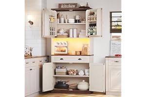 UPOSOJA Farmhouse Kitchen Pantry Cabinet with Operation Table, 72.6" Storage Cabinet with LED Lights and Power Strip, Adjustable Shelves for Dining Room, Bathroom, Living Room (White Brown)