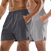 MIER 2 Pack Men's 5 Inch Athletic Running Shorts Lightweight Breathable Workout Gym Shorts with Zipper Pockets, No Liner