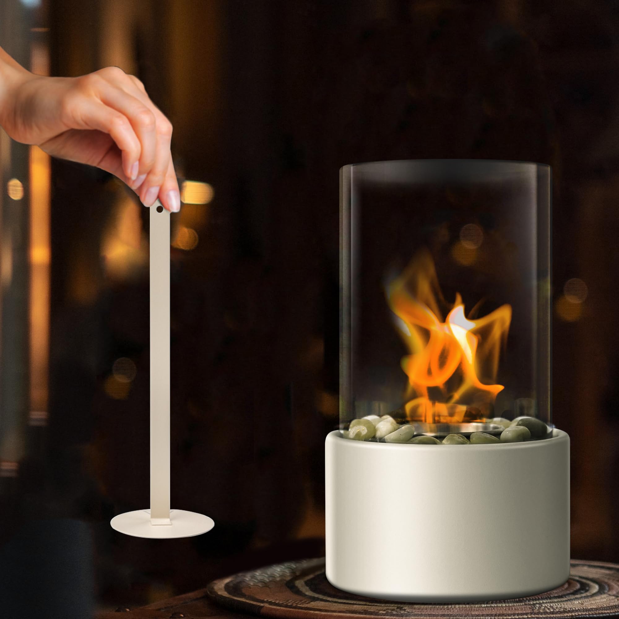 Photo 1 of EAST FLAME Tabletop Fire Pit,Portable Small Fire Pit Bowl with Non-Stop Flame,Indoor Fire Pit Tabletop & Outdoor Fireplace with Pebble Stone for Housewarming & Parties (White)
