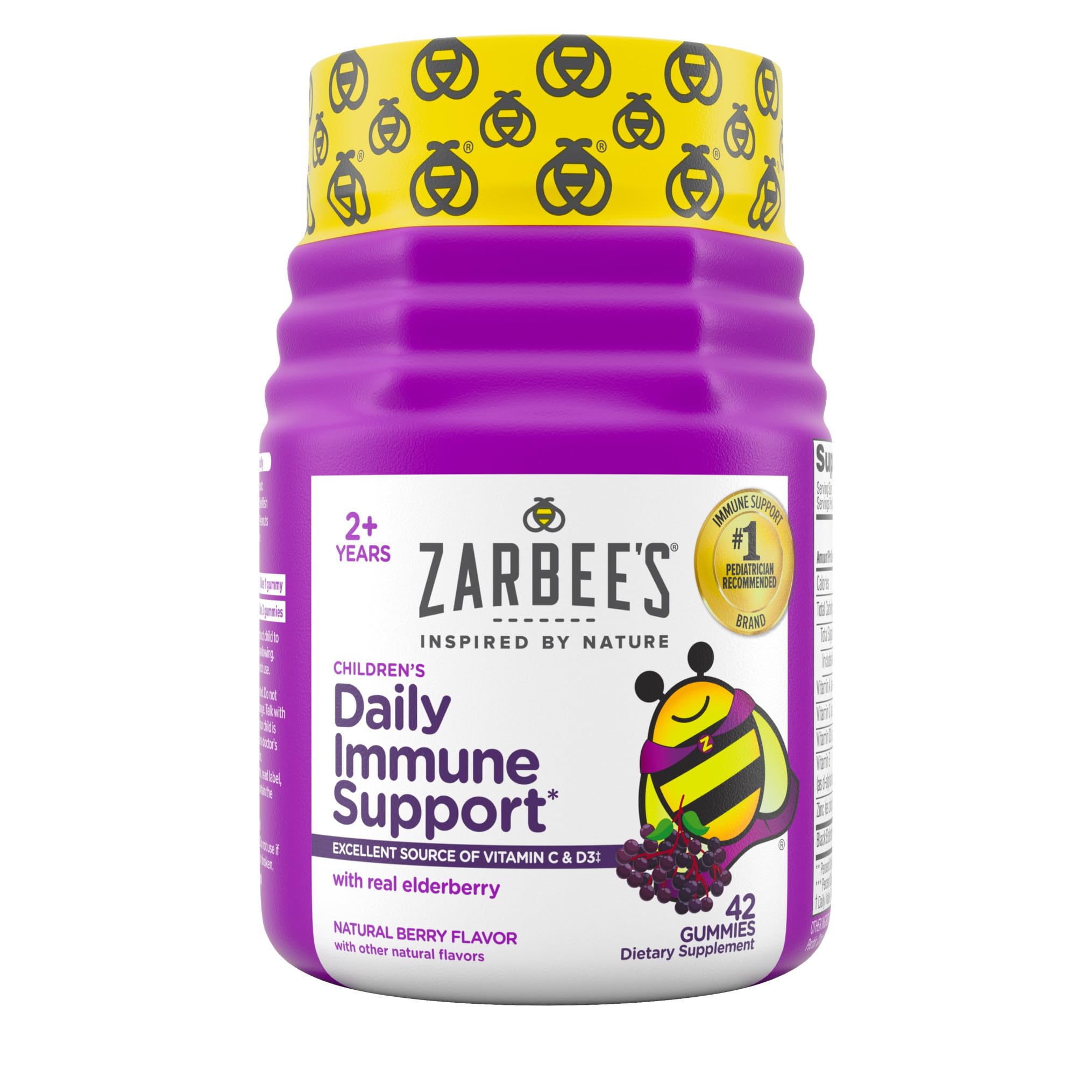 Zarbee's Elderberry Gummies for Kids with Vitamin C; Zinc & Elderberry; Daily Childrens Immune Support Vitamins Gummy Children Ages 2 and Up; Natural Berry Flavor; 42 Count