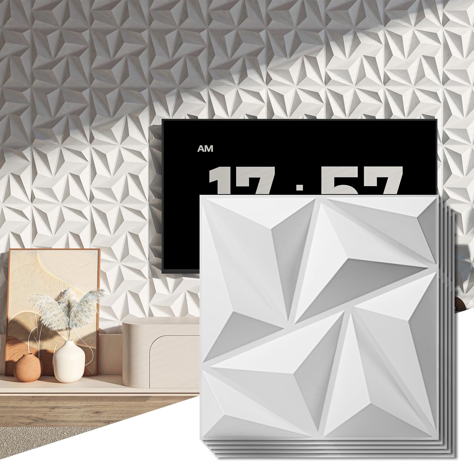 Art3d 3D Wall Panels 20 Pack, 11.8" x 11.8" (19 Sq.ft) PVC Wall Panels, Glue Up Wall Decor for Living Room, Bedroom, Office, White Image