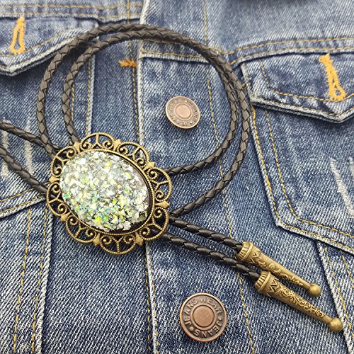 SELOVO Mens Bolo Tie Genuine Leather Green Big Stone Copper Tone
