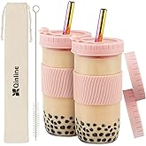 Reusable Glass Mason Jars Cups with Lids and Straws Silicone Sleeves, 2 Pack 24Oz Wide Mouth Smoothie Cups Glass Bubble Tea Cup Leakproof drinking glasses Travel Tumbler for Large Pearl Birthday Gifts