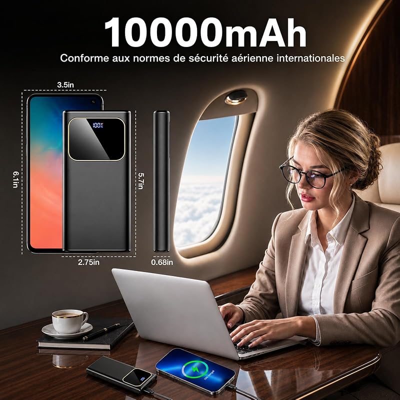 2026 Batterie Externe, 10000mAh 22.5W Power Bank, Batterie Portable USB C Input & Output PD3.0 QC4.0,Charge Rapide Powerbank à Affichage LED pour iPhone Samsung et Autres téléphone（Noir） — photo 6 sur 7