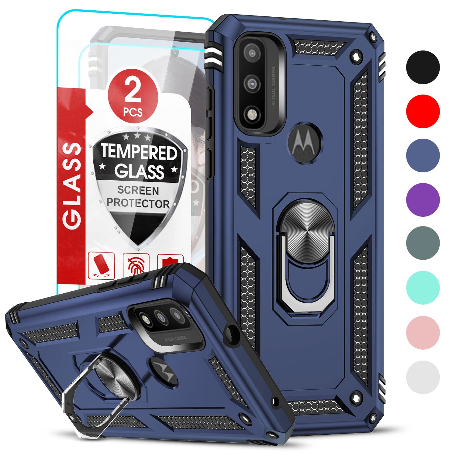 Photo 1 of LeYi for Military-Grade Motorola G Pure/Power Case 2022/ Moto G Play 2023 case with Magnetic Ring Kickstand & 2 Tempered Glass Screen Protectors - Blue