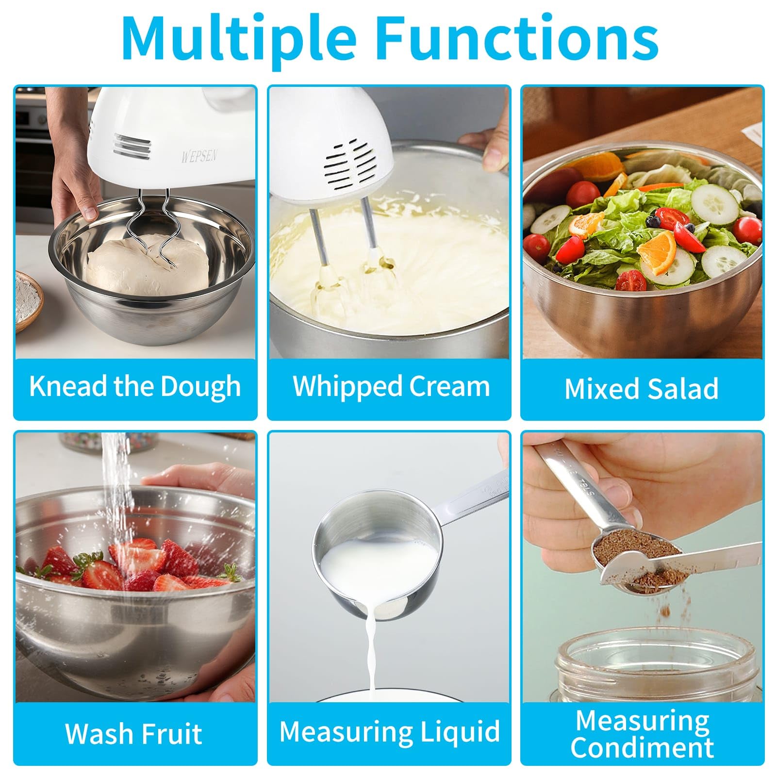 Hand Mixer Electric Mixing Bowls Set, 5 Speeds Handheld Mixer with 4 Nesting Stainless Steel Mixing Bowl, Measuring Cups Spoons 200W Kitchen Blender Whisk Beater Baking Supplies For Beginner