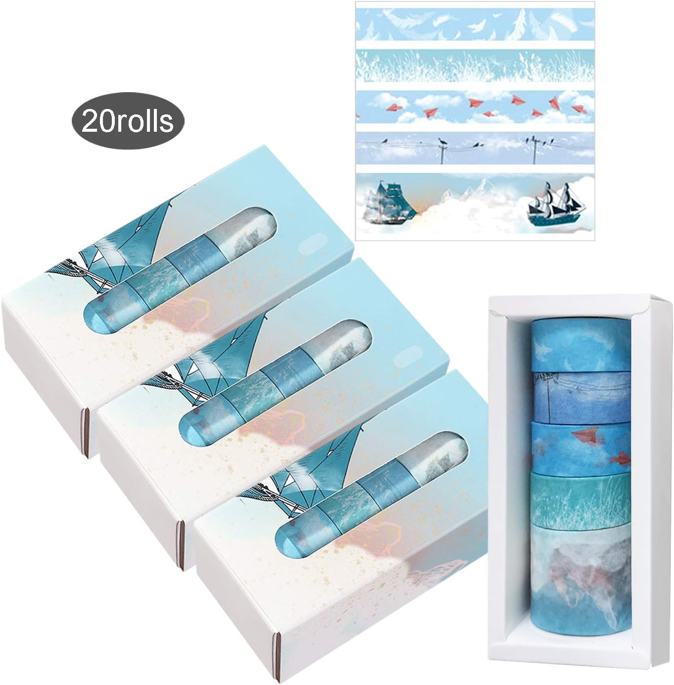 Washi Tape,Christmas Decorative Japanese Tape Self Adhesive Sticky Paper Tape Collection for Journals, Scrapbooks, Daily Planners, Gift Wrapping 20 Rolls (Sky)