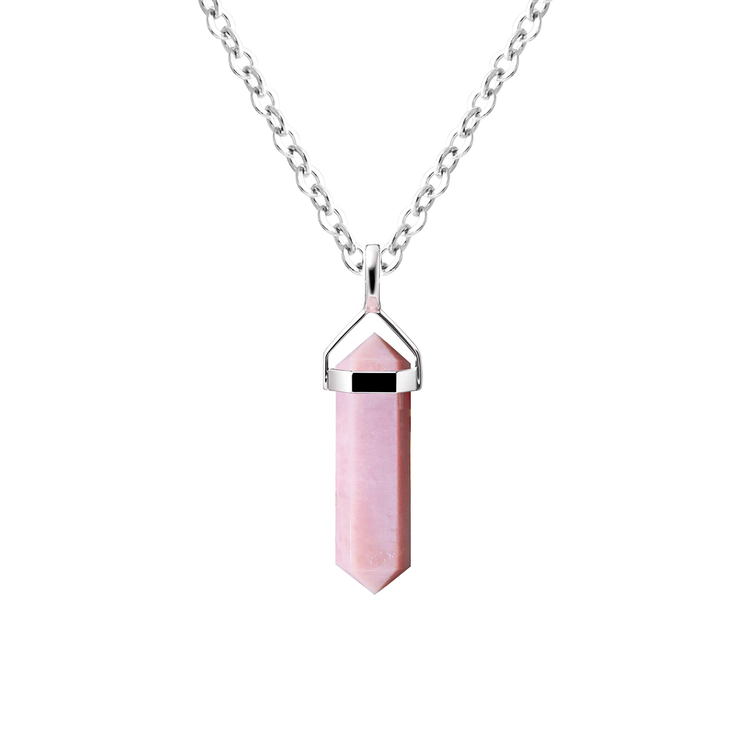 Franki Baker Sterling Silver Natural Pink Opal Gemstone Dainty Double Point Pendant Necklace. Length: 50cm