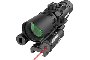 UUQ 4X32 Prism Optics Rifle Scope with Red Laser Below, Red Illuminated Reticle, Upgraded Buttons, and Glass Etched Reticle 4