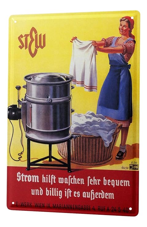Blechschild Nostalgie Wand Deko Schild Waschmaschine Wäschekorb Strom