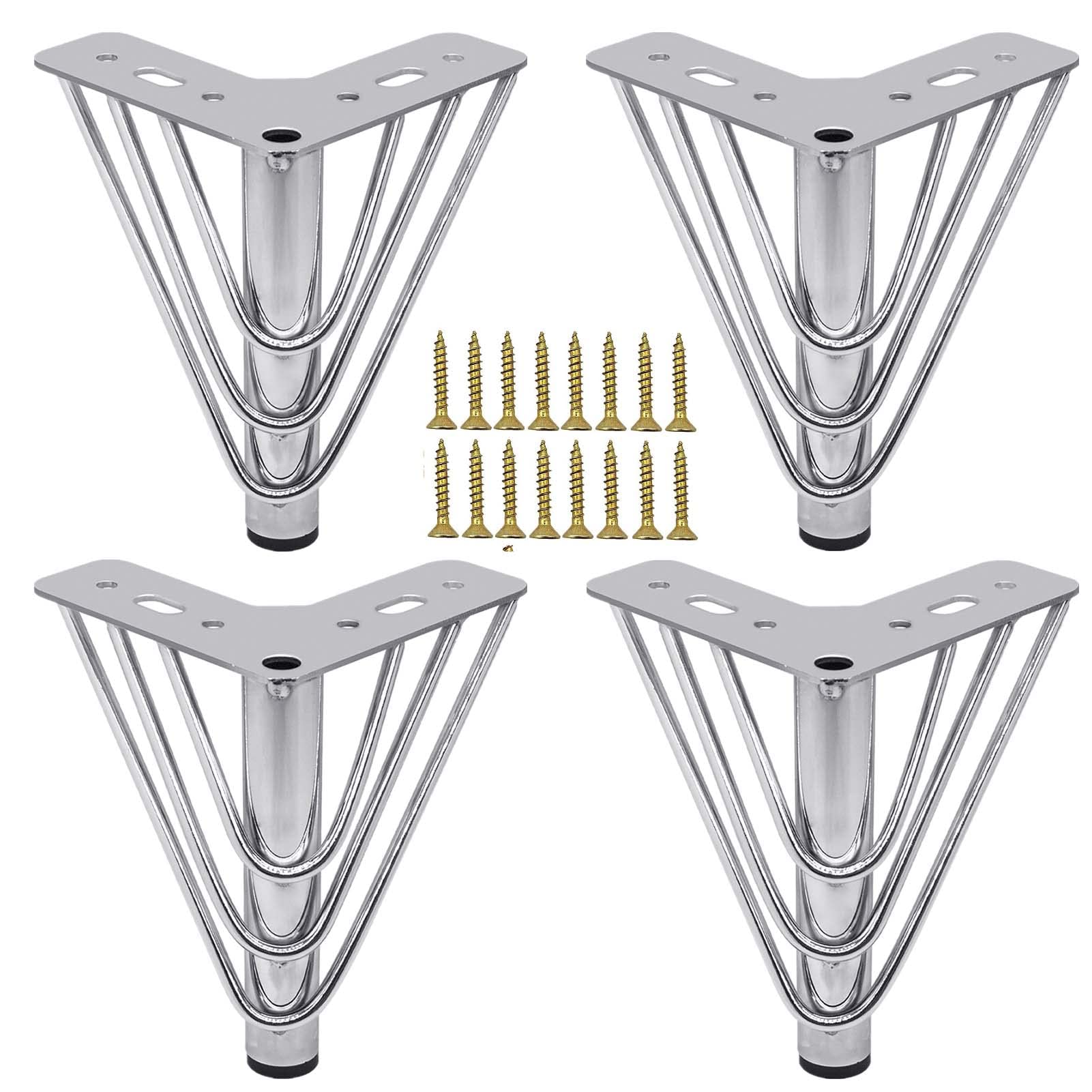 4 Chrome Metal Furniture Legs, Replacement Modern Chic Elegant Sofa Legs for Coffee Table 18 cm, TV Cabinet, Bathroom Cabinet with Screws+Floor Protection+Silent Non-Slip Base