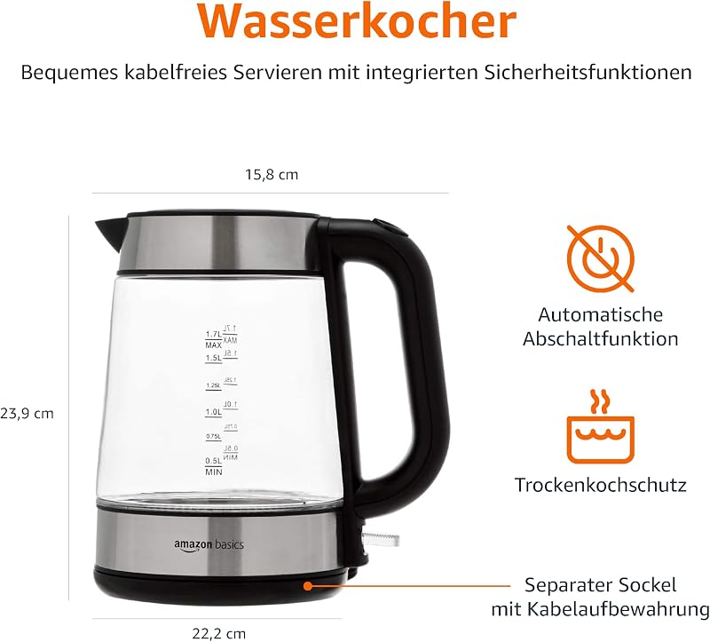 Wasserkocher Glas Edelstahl 1,7L, 2200W, Automatische Abschaltung