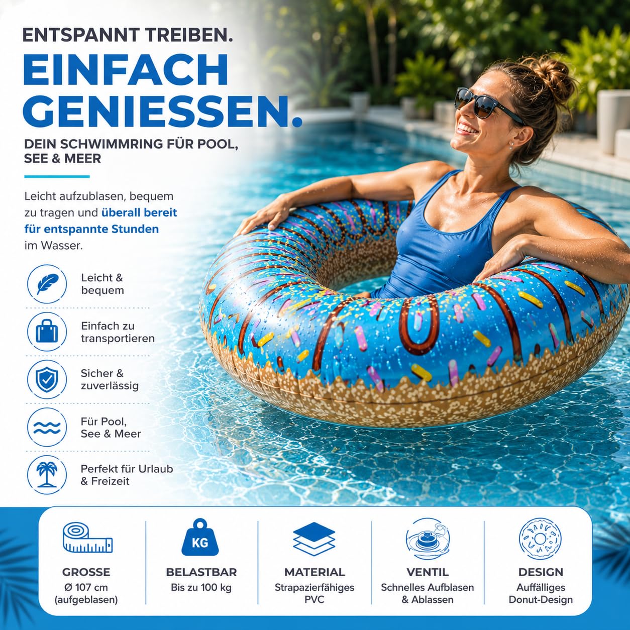 Aufblasbar Donut Schwimmring blau Ø 120 cm mit Biss - Schwimmreifen Pool & Wasser, für Erwachsene & Kinder (Donut blau) 4