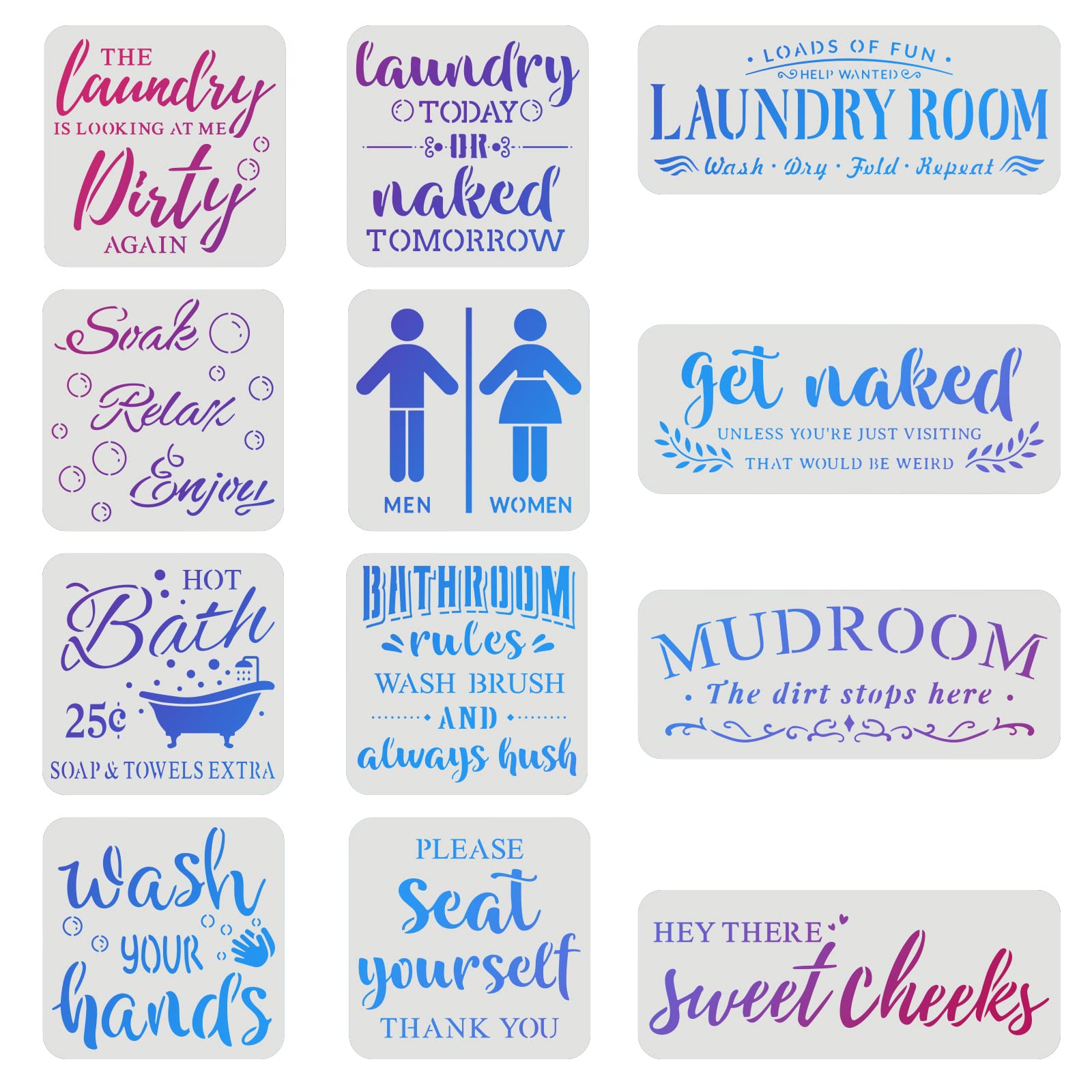 FINGERINSPIRE 12 Pcs Laundry Stencils Plastic Bathroom Rules Drawing Painting Sets Laundry Words Template Reusable Laundry Room Stencils for Painting on Wood, Floor, Wall and Tile