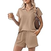PINSPARK 2 Piece Sets for Women Summer Lounge Sets Short Sleeve Sweatsuit V-neck Tops and Drawstring Shorts Outfits Tracksuit