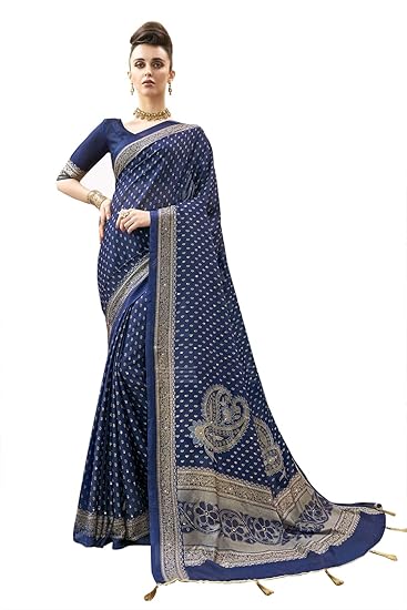 chiffon with blouse piece Saree (VPPRW25076_ Blue_ Free Size)