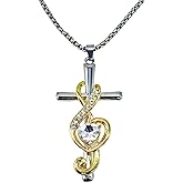 Large Music Note & Cross Necklace for Women, Heart Shaped Rhinestone Pendant in Gold & Silver, 23.6 Inch Stainless Steel Chain with 2" Extender, Elegant Gift Idea for Her
