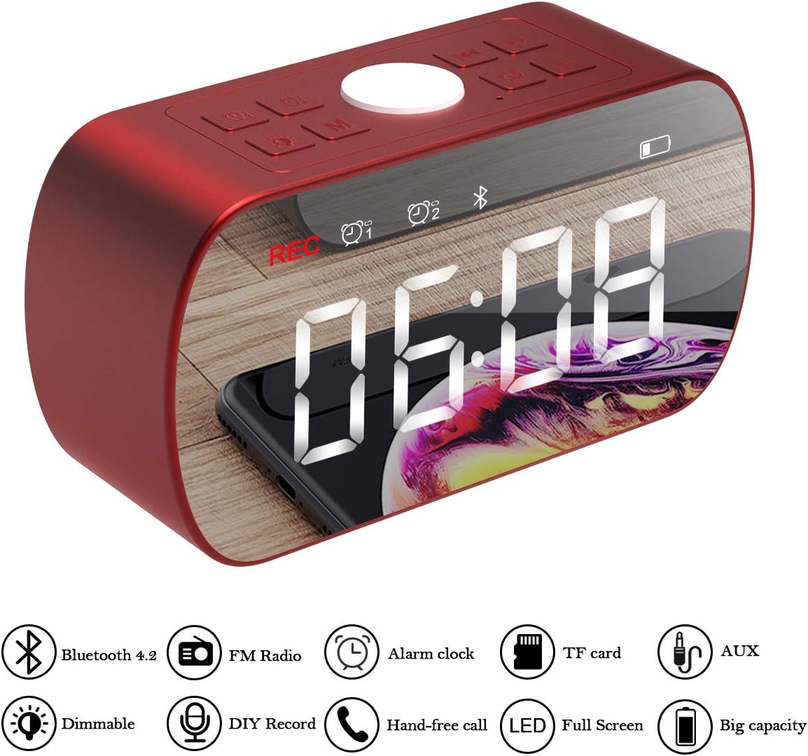 Wireless Bluetooth Speaker Stereo, Dimmable LED Display Alarm Clock with Radio, Micro SD Card, Hands-Free Call, LED Night, Makeup Mirror (red)