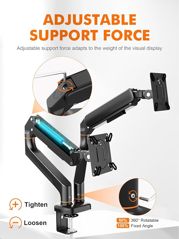 Supporto Doppio Monitor a Gas per Scrivania - Braccio Regolabile per 2 Schermi 13"-27", Altezza e Inclinazione Regolabile, Rotazione 360°, Carico 9kg, Base a C/foro per tavolo, VESA 75/100mm