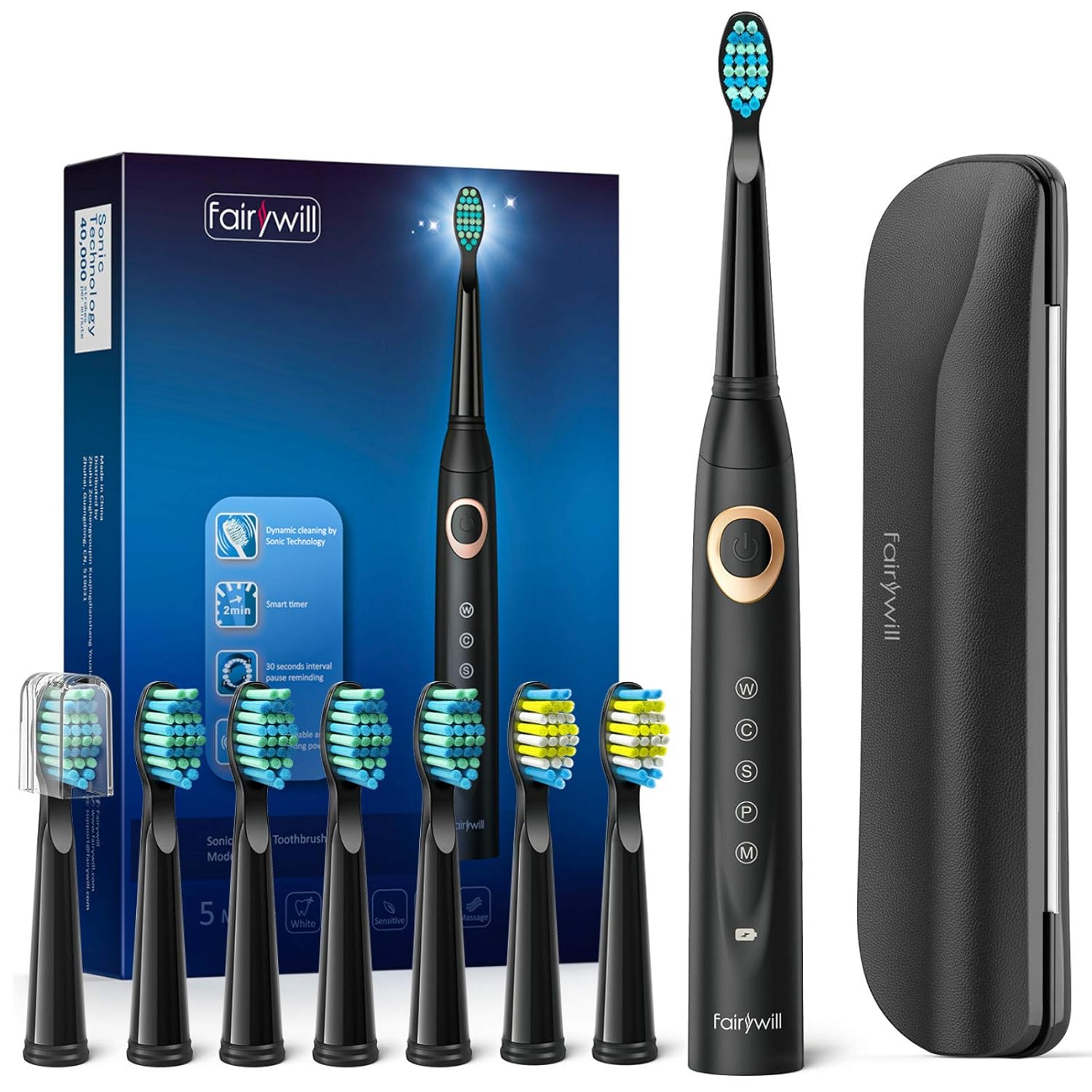 Fairywill D8 Sonic Electric Toothbrush for Adults and Kids ADA Accepted, 8 Dupont Brush Heads & Travel Case 5 Modes Rechargeable Whitening Power Toothbrush 2 Mins Smart Timer 40,000 VPM Black Series: Beauty