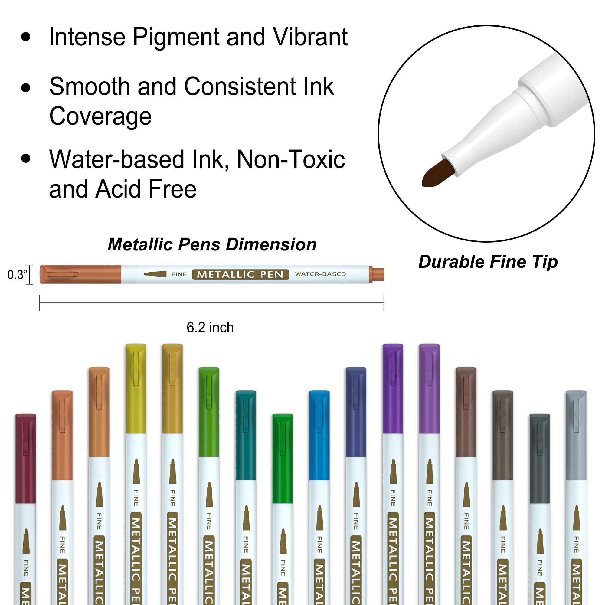 18 Pack Metallic Marker Pens, Lineon 16 Colors Fine Tip Paint Pens with 2 Stencils for DIY Craft Photo Album Rock Art Painting Card Making Glass Wood