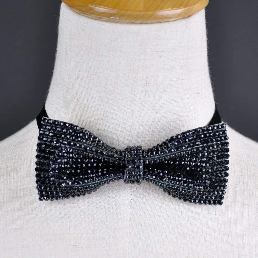 Black bow tie with Rhinestones Pretied skinny bow tie for