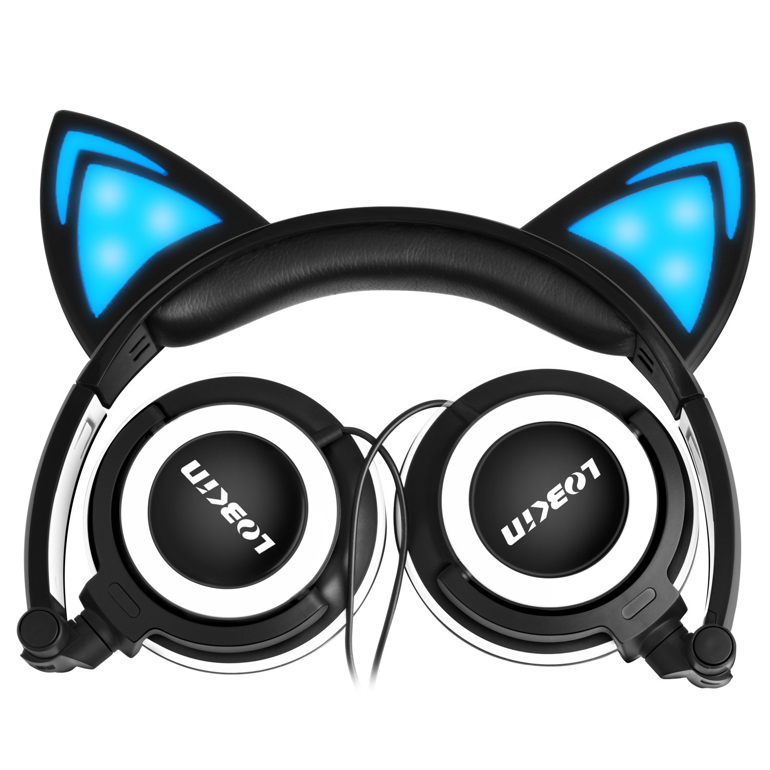 Lobkin Cat Ear Headphone, Foldable Wired Over Ear Kids Headphone with Glowing Light for Girls Children,Compatible for iPhone and Other Android Phones (Black)